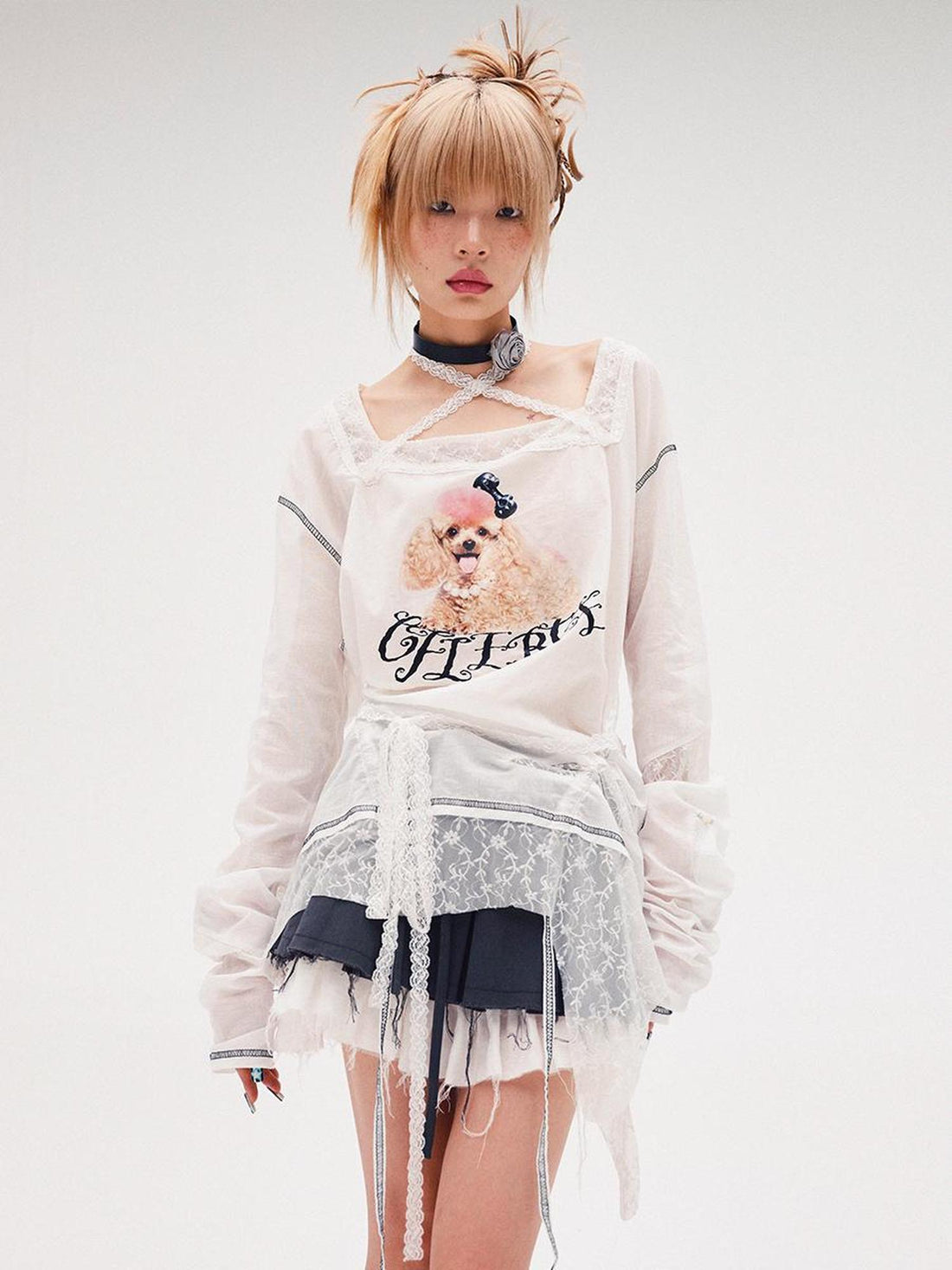 CFIERCE Fierce Poodle Print Lace Trim Long Sleeve Top