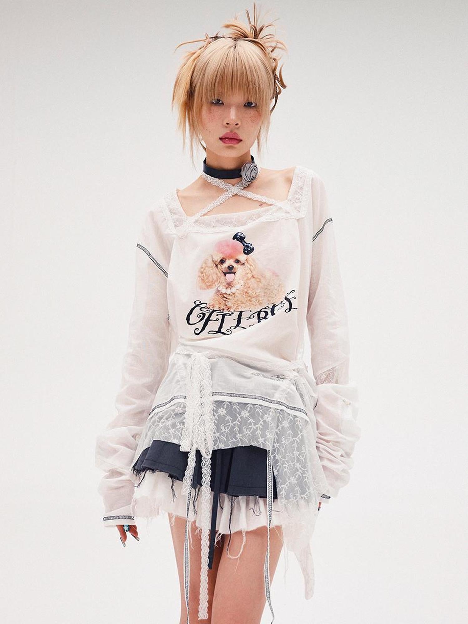 CFIERCE Fierce Poodle Print Lace Trim Long Sleeve Top