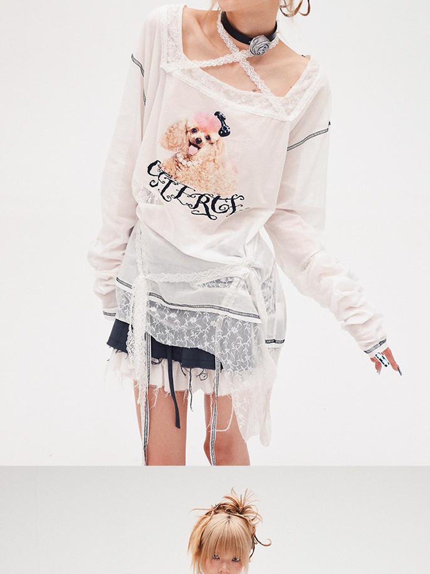 CFIERCE Fierce Poodle Print Lace Trim Long Sleeve Top