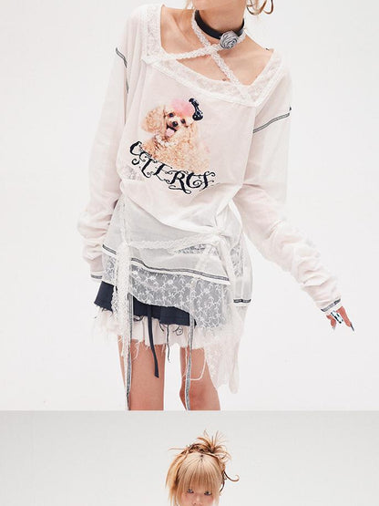 CFIERCE Fierce Poodle Print Lace Trim Long Sleeve Top