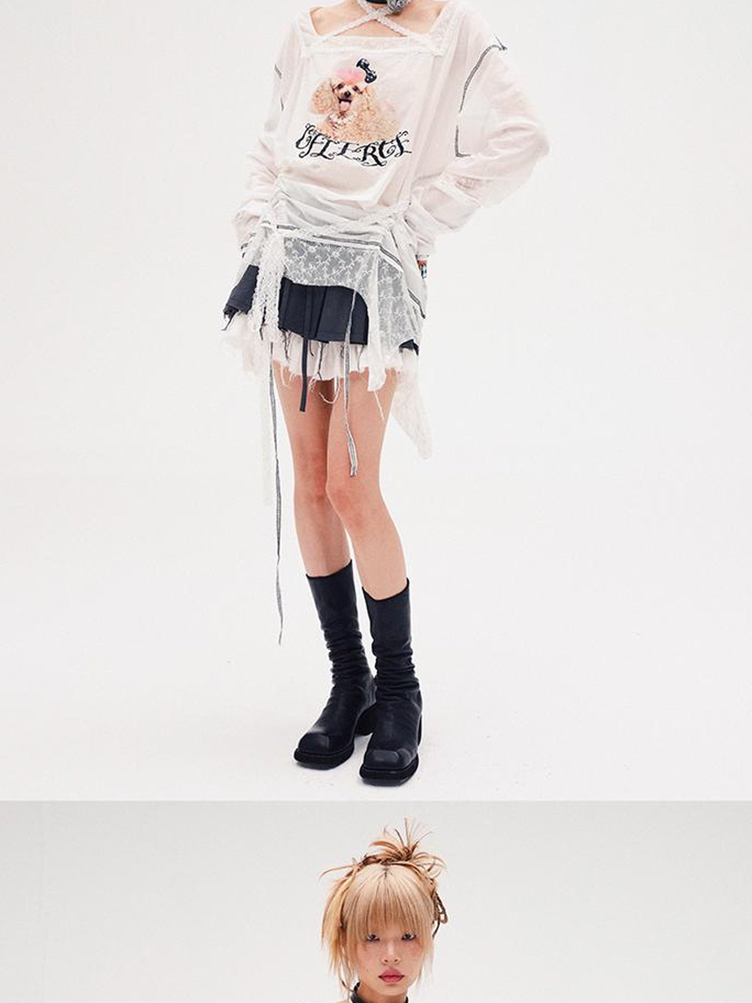 CFIERCE Fierce Poodle Print Lace Trim Long Sleeve Top