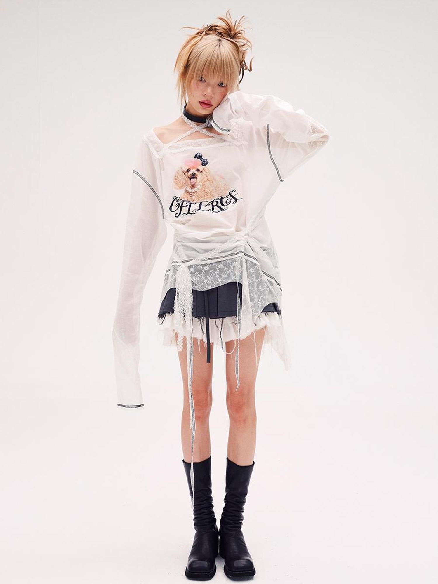 CFIERCE Fierce Poodle Print Lace Trim Long Sleeve Top