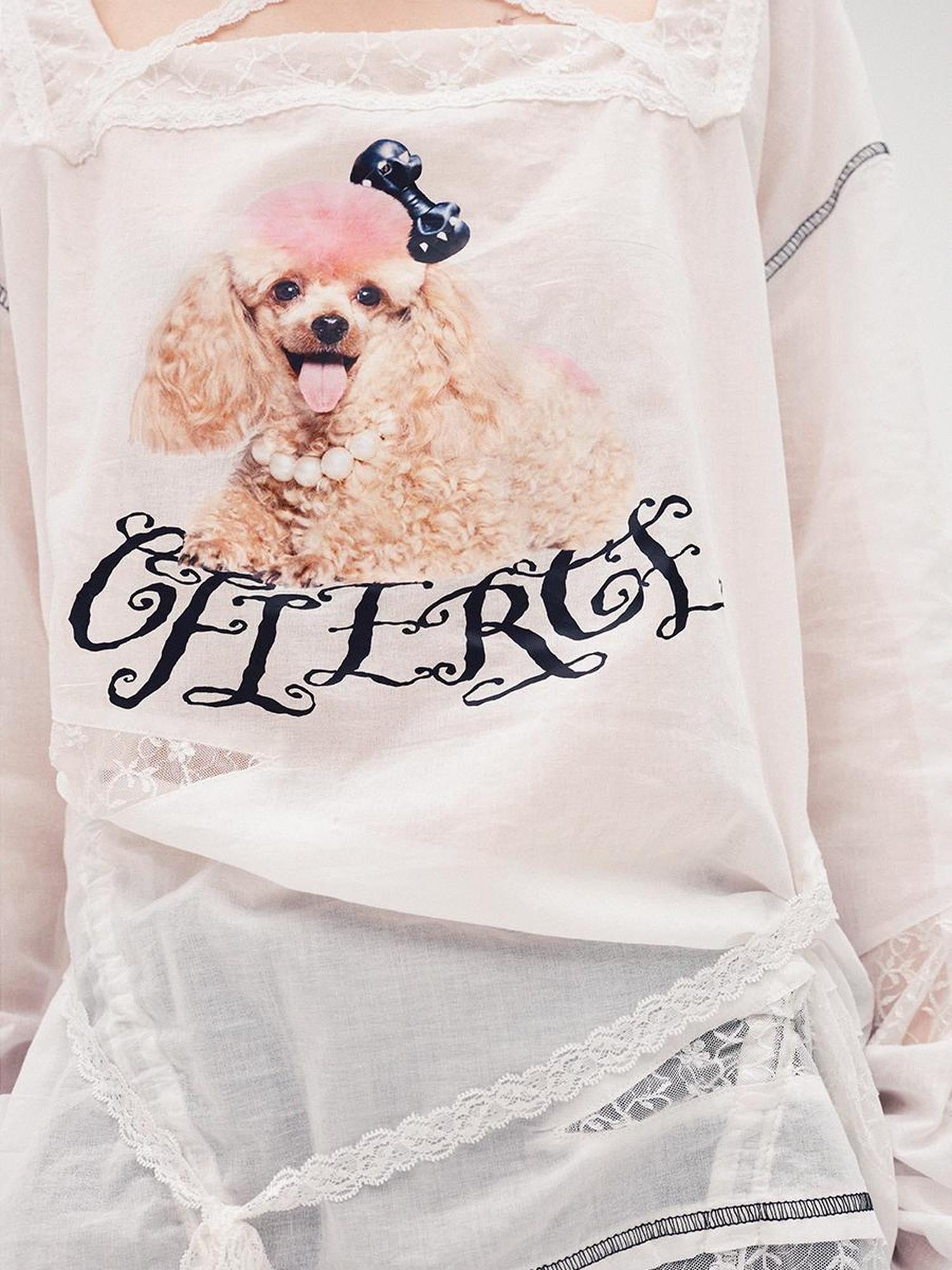 CFIERCE Fierce Poodle Print Lace Trim Long Sleeve Top