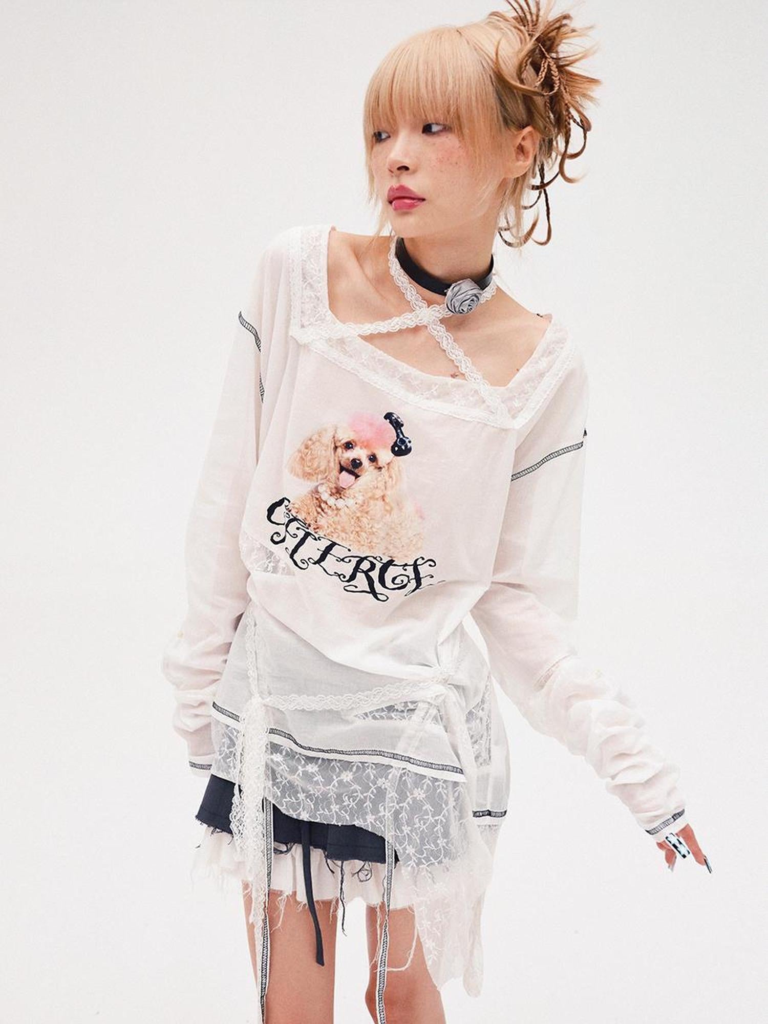 CFIERCE Fierce Poodle Print Lace Trim Long Sleeve Top