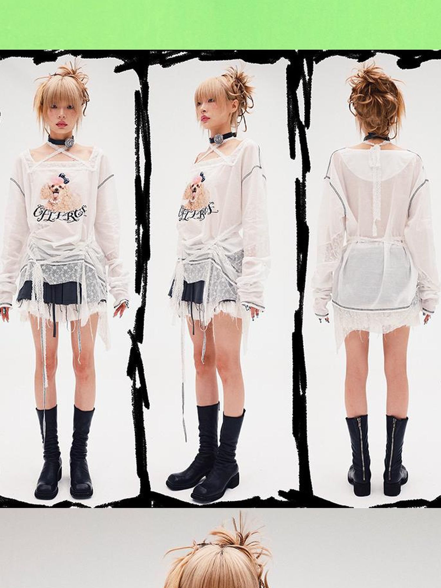CFIERCE Fierce Poodle Print Lace Trim Long Sleeve Top
