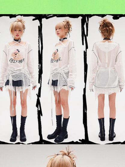 CFIERCE Fierce Poodle Print Lace Trim Long Sleeve Top