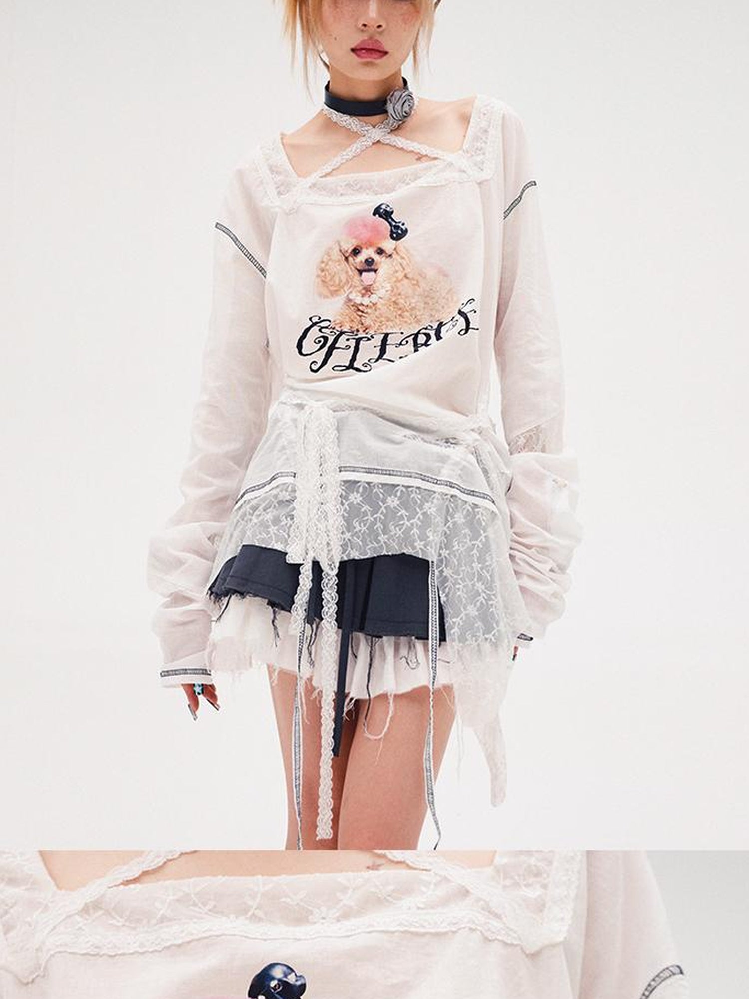 CFIERCE Fierce Poodle Print Lace Trim Long Sleeve Top