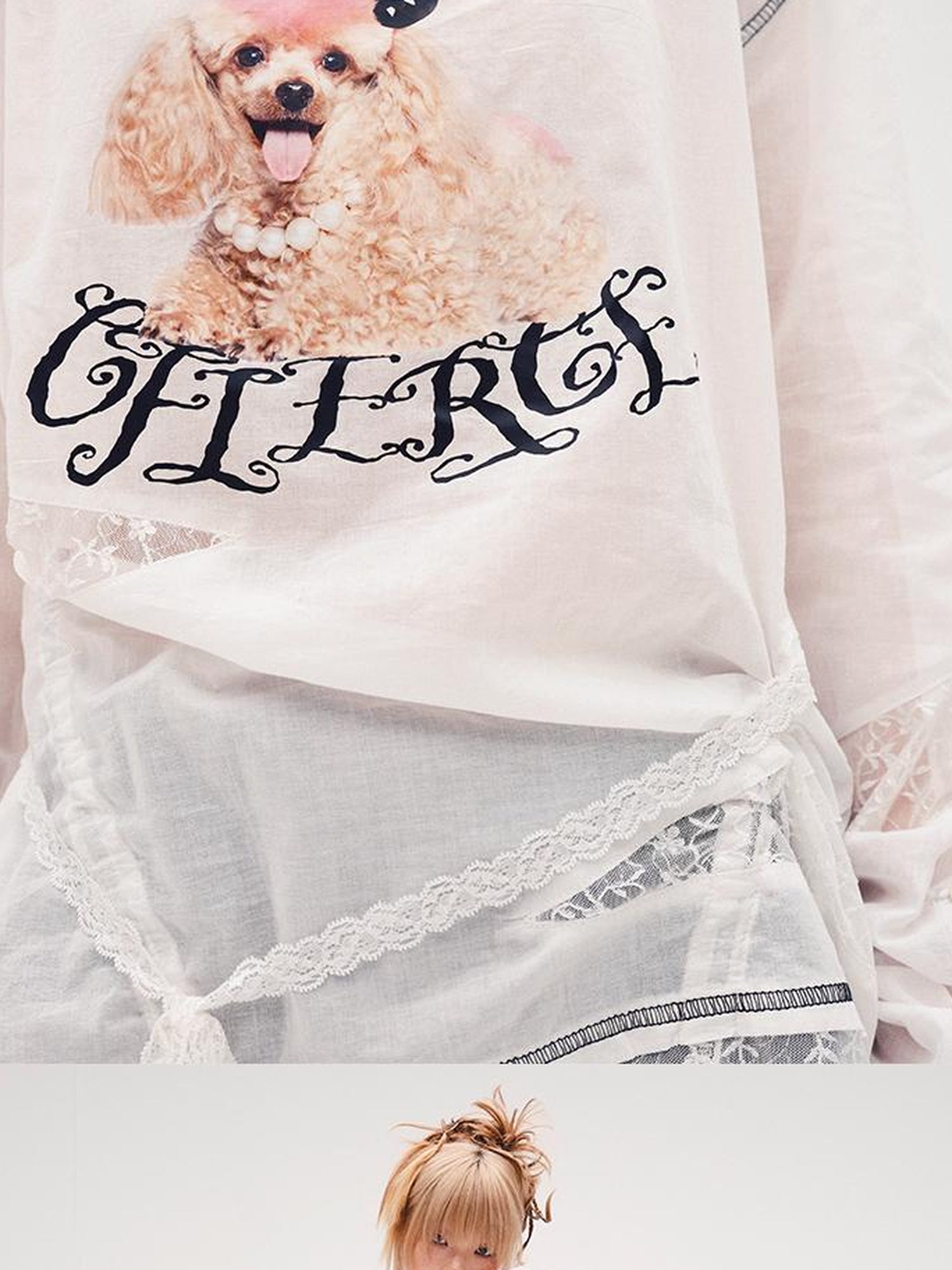 CFIERCE Fierce Poodle Print Lace Trim Long Sleeve Top