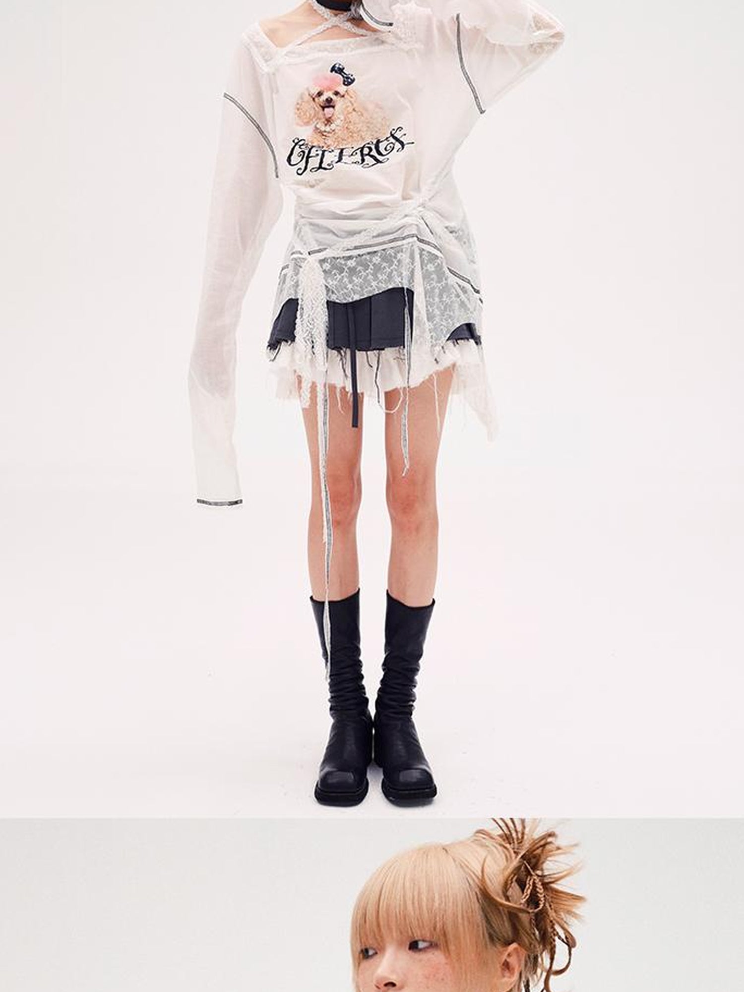 CFIERCE Fierce Poodle Print Lace Trim Long Sleeve Top