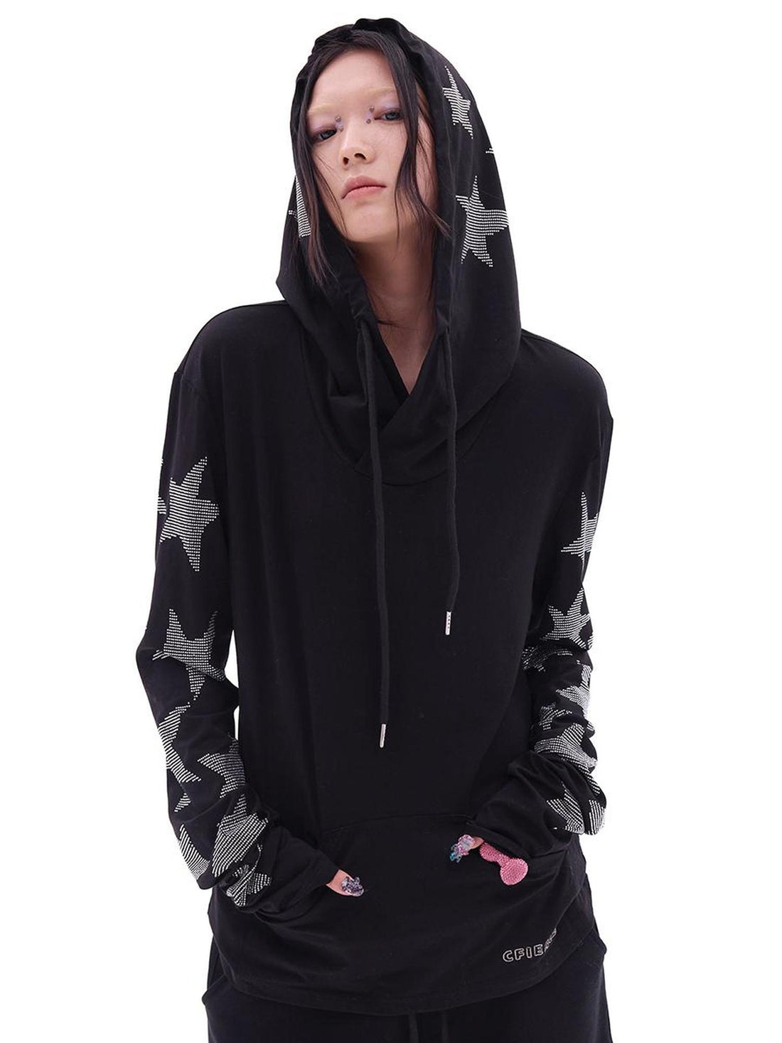 CFIERCE Five Pointed Star Rhinestone Hooded Long Sleeve Top