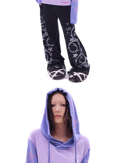 CFIERCE Five Pointed Star Rhinestone Hooded Long Sleeve Top
