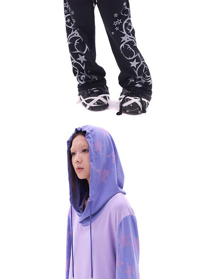 CFIERCE Five Pointed Star Rhinestone Hooded Long Sleeve Top