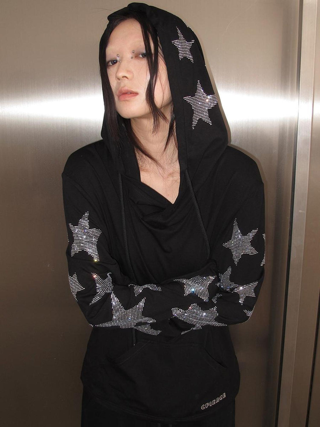 CFIERCE Five Pointed Star Rhinestone Hooded Long Sleeve Top