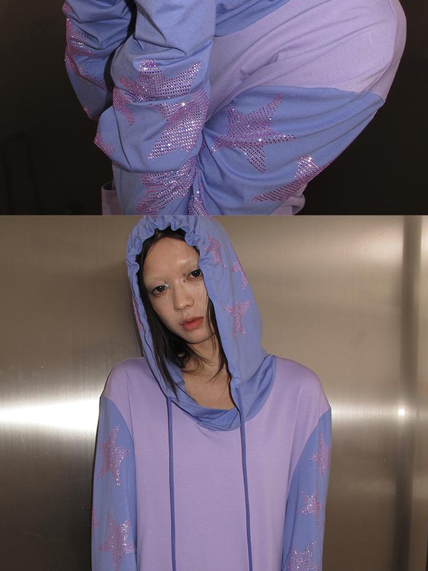 CFIERCE Five Pointed Star Rhinestone Hooded Long Sleeve Top