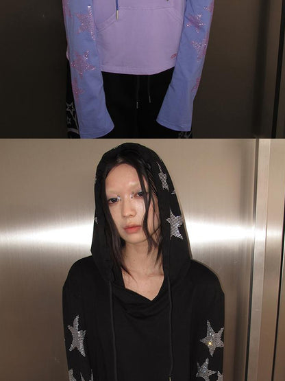 CFIERCE Five Pointed Star Rhinestone Hooded Long Sleeve Top