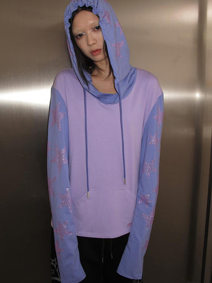 CFIERCE Five Pointed Star Rhinestone Hooded Long Sleeve Top