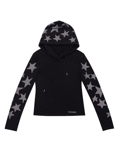 CFIERCE Five Pointed Star Rhinestone Hooded Long Sleeve Top