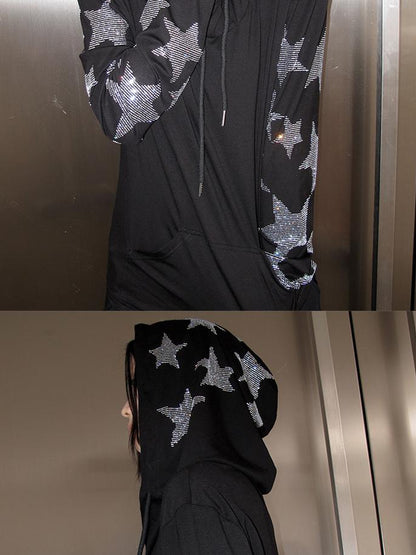 CFIERCE Five Pointed Star Rhinestone Hooded Long Sleeve Top