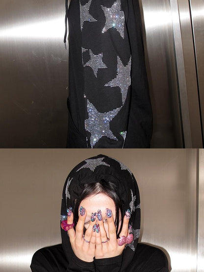 CFIERCE Five Pointed Star Rhinestone Hooded Long Sleeve Top