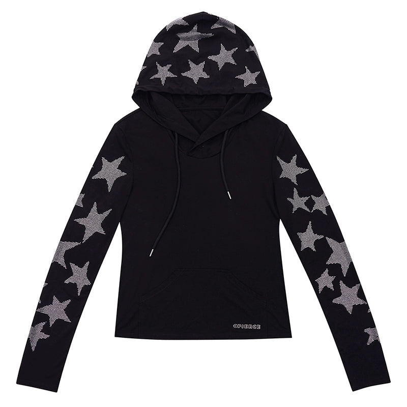 CFIERCE_Five_Pointed_Star_Rhinestone_Hooded_Long_Sleeve_Top_MISSTT