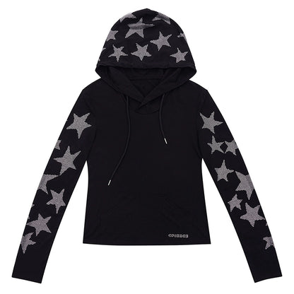 CFIERCE_Five_Pointed_Star_Rhinestone_Hooded_Long_Sleeve_Top_MISSTT