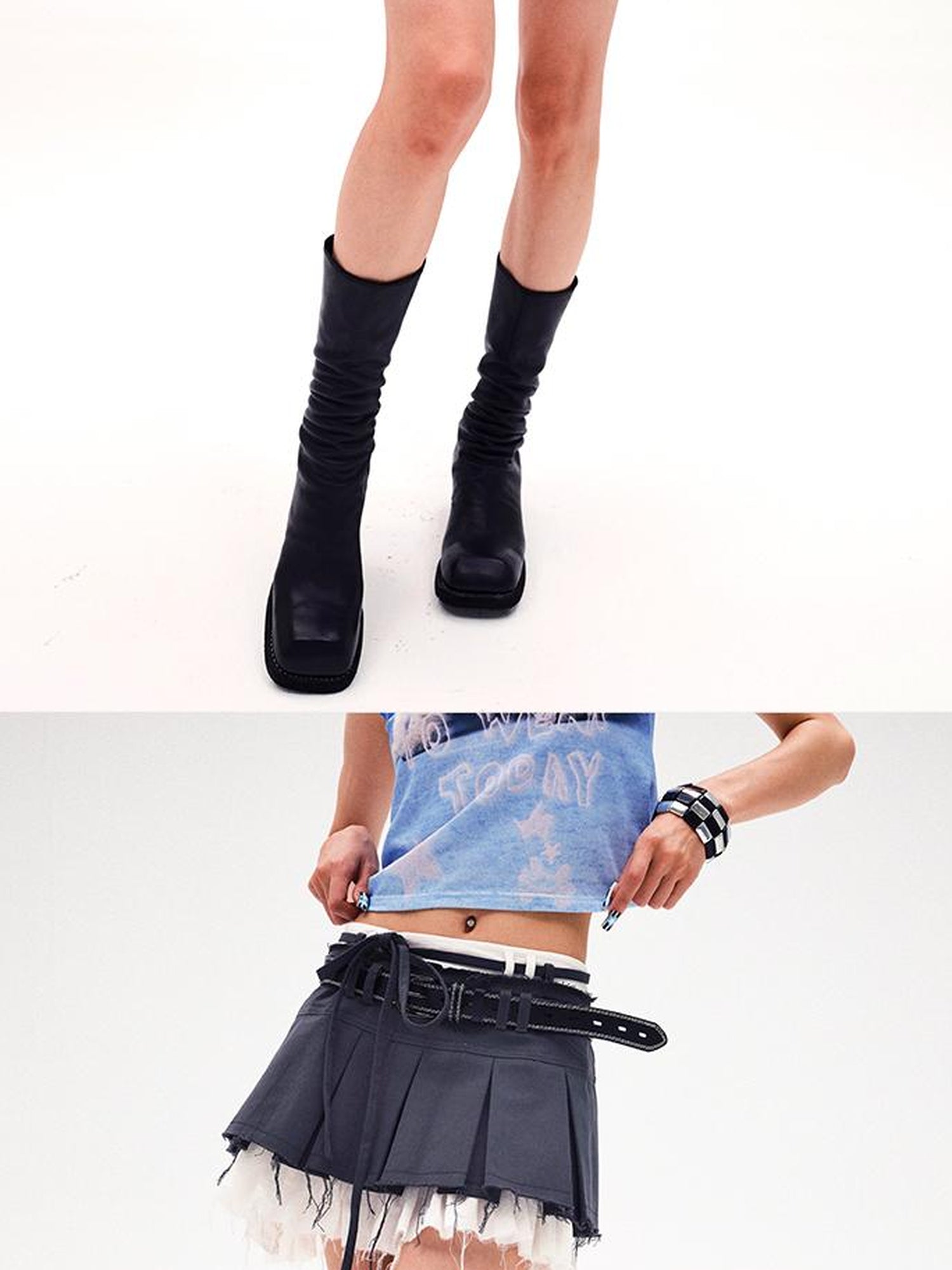 CFIERCE Frayed Hem Pleated Skirt