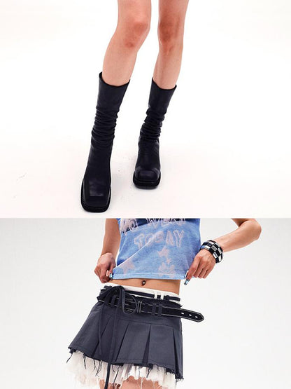 CFIERCE Frayed Hem Pleated Skirt