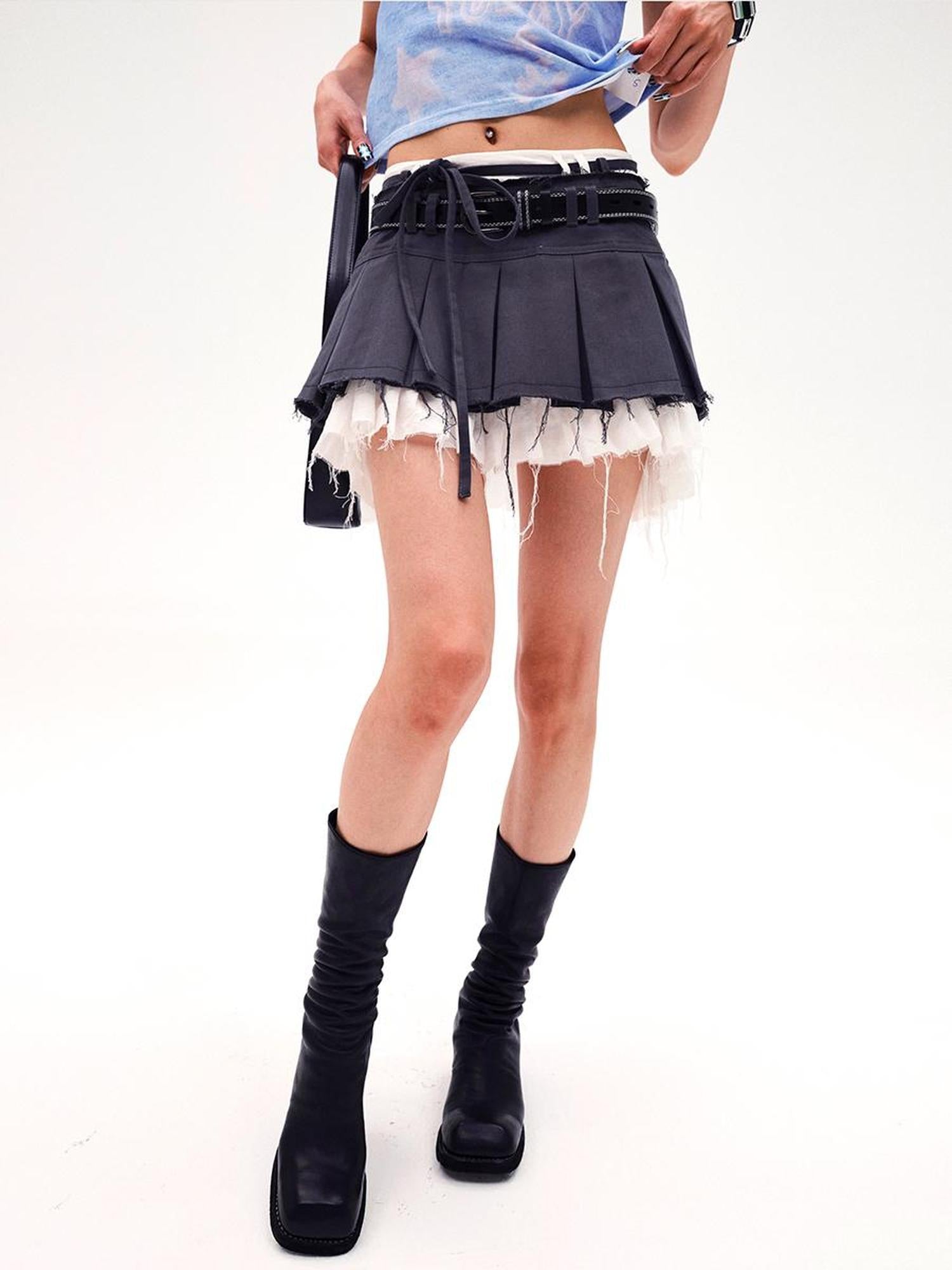 CFIERCE Frayed Hem Pleated Skirt