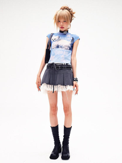 CFIERCE Frayed Hem Pleated Skirt