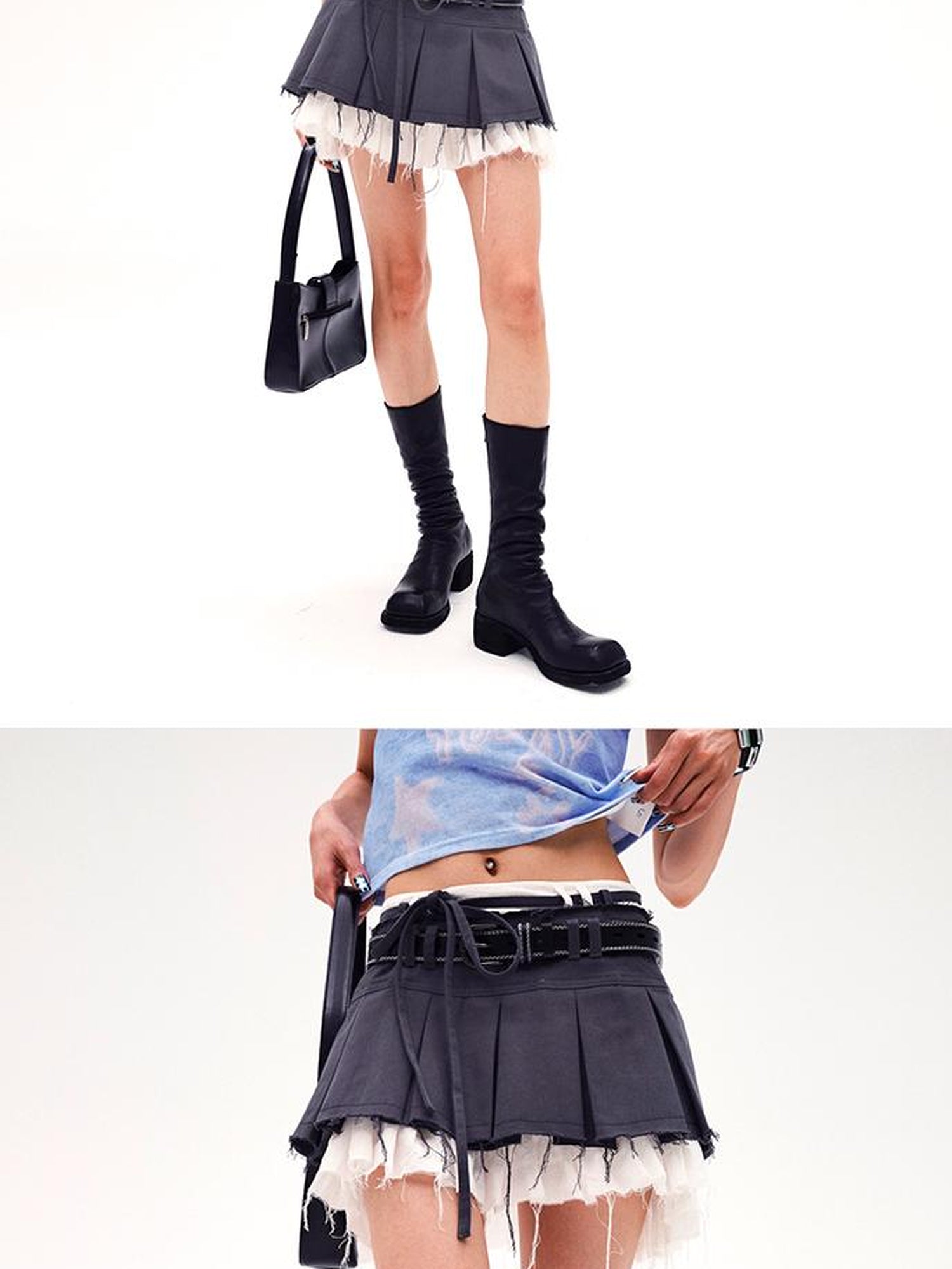 CFIERCE Frayed Hem Pleated Skirt