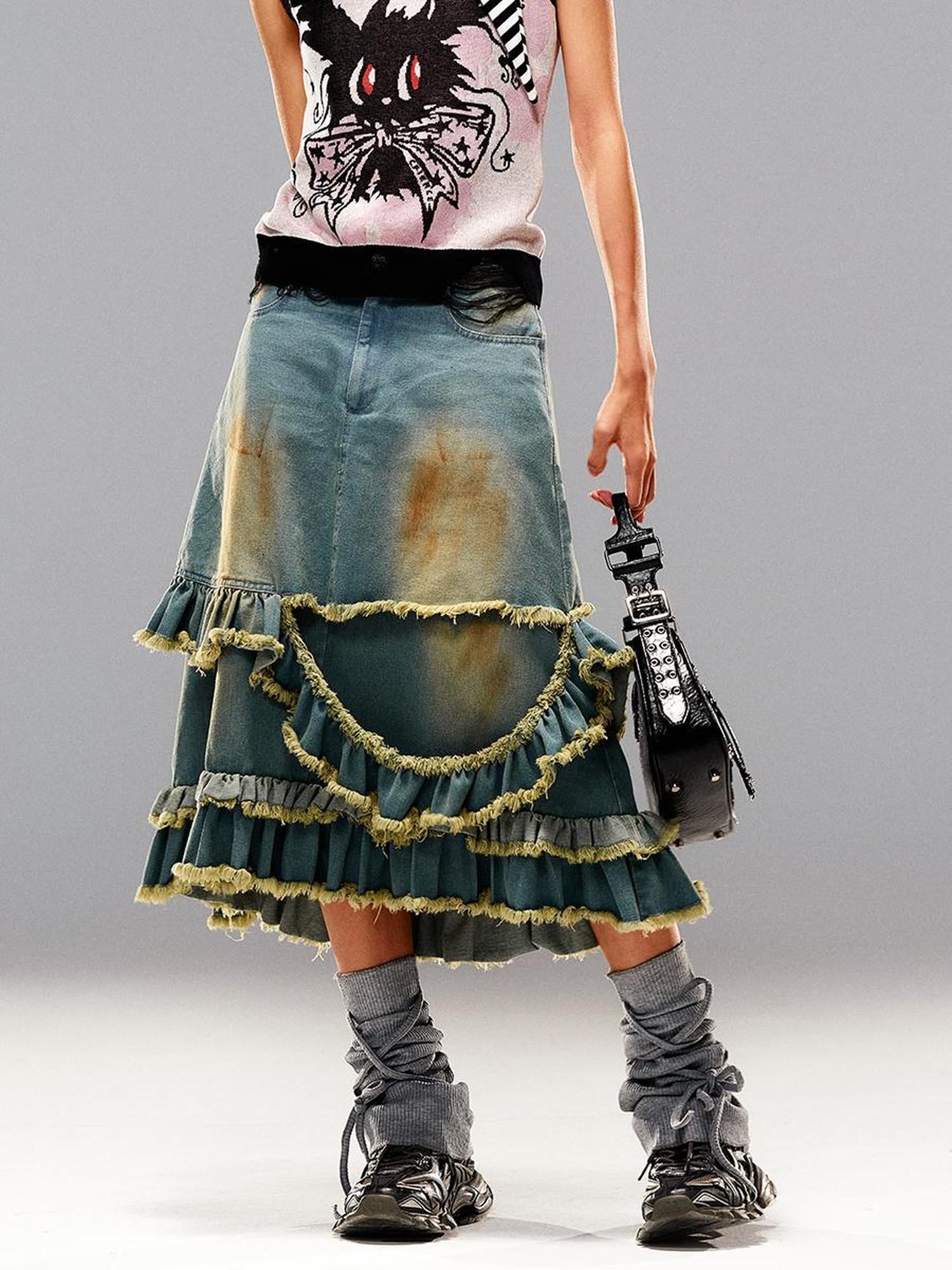 CFIERCE Fringed Mud Dyed Denim Skirt