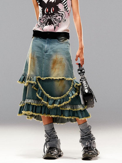 CFIERCE Fringed Mud Dyed Denim Skirt