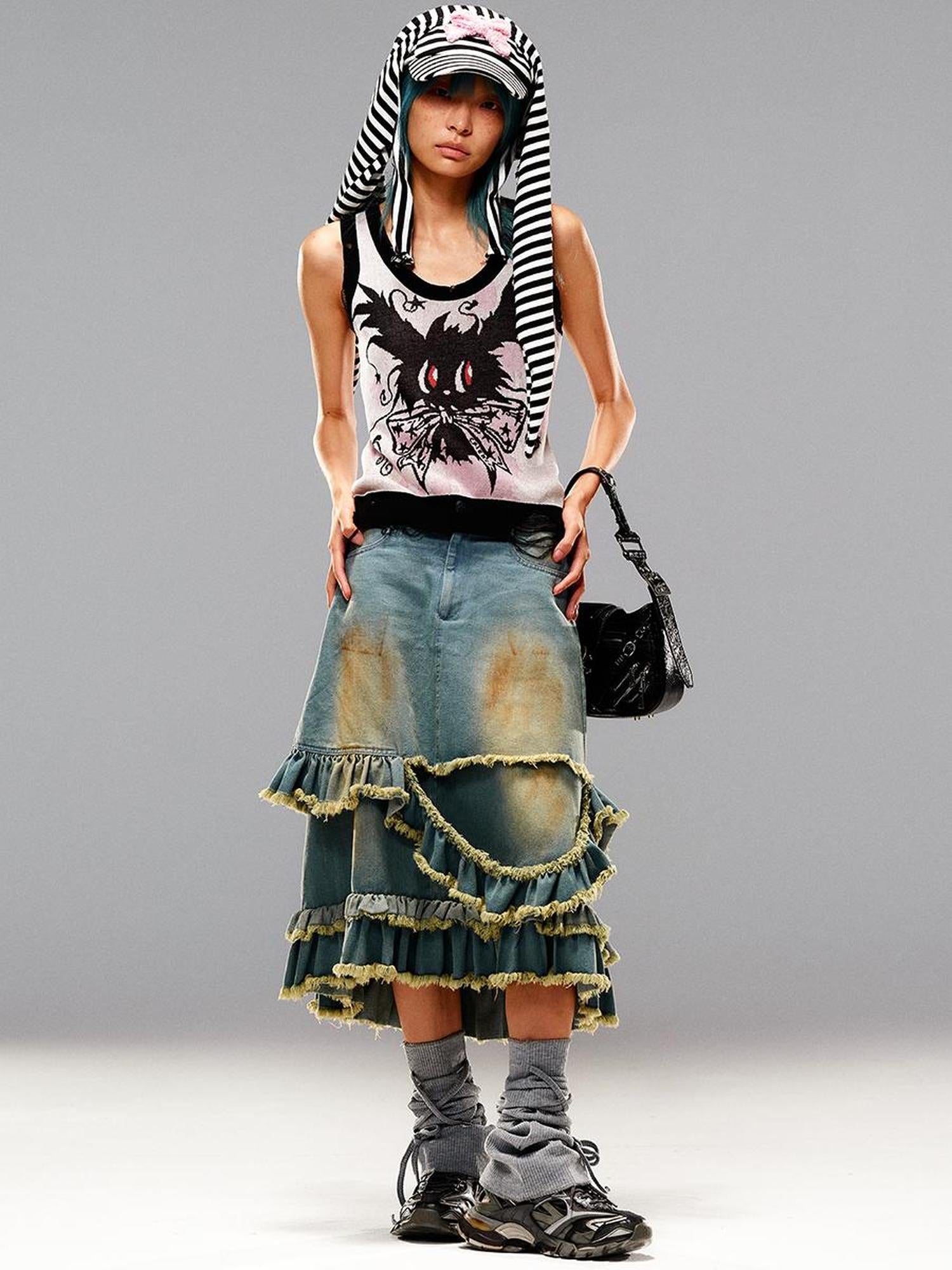 CFIERCE Fringed Mud Dyed Denim Skirt