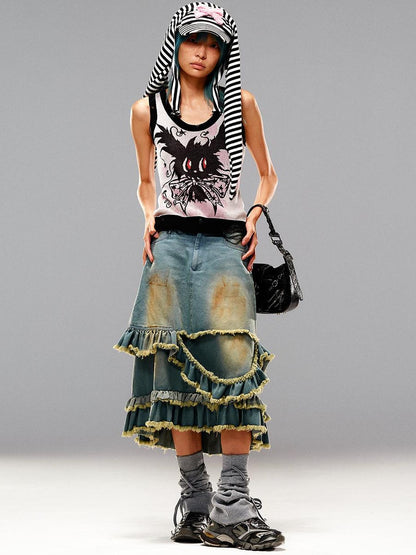 CFIERCE Fringed Mud Dyed Denim Skirt
