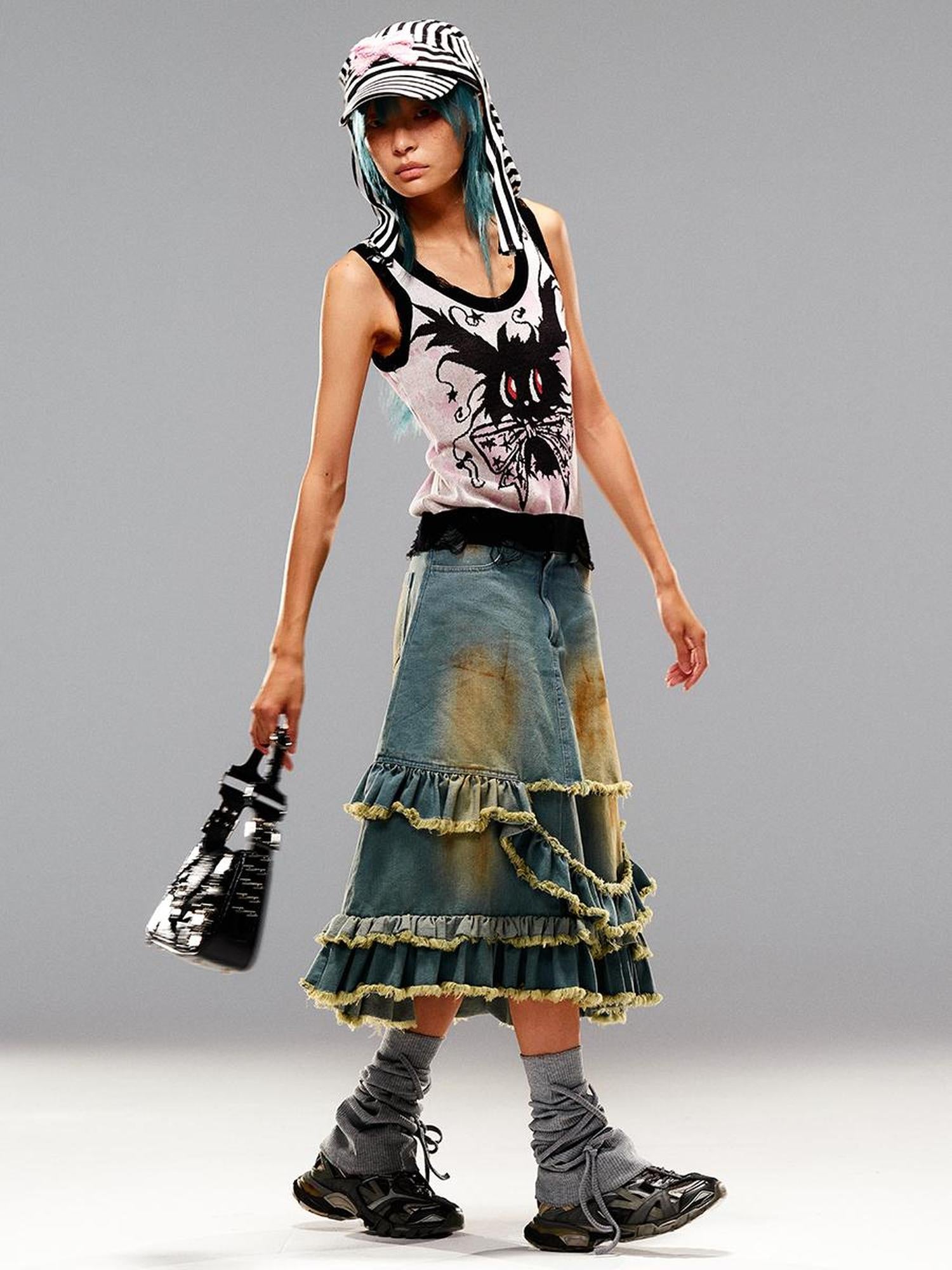 CFIERCE Fringed Mud Dyed Denim Skirt