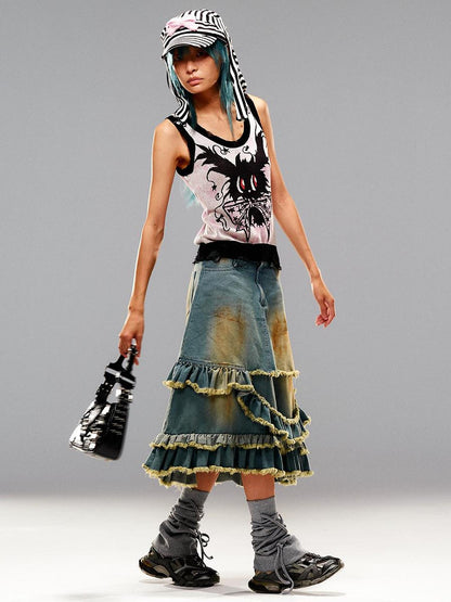 CFIERCE Fringed Mud Dyed Denim Skirt