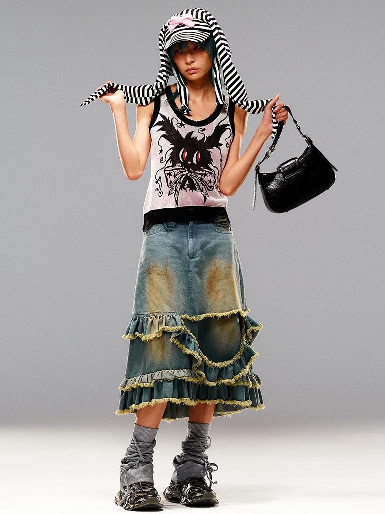 CFIERCE Fringed Mud Dyed Denim Skirt