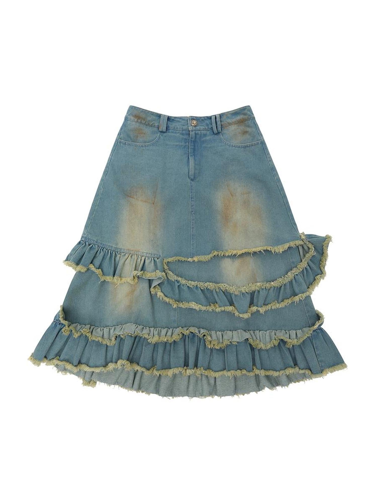 CFIERCE Fringed Mud Dyed Denim Skirt