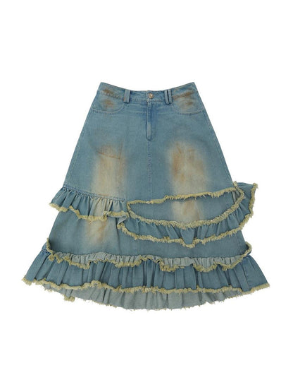 CFIERCE Fringed Mud Dyed Denim Skirt