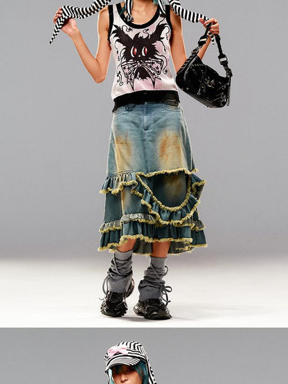 CFIERCE Fringed Mud Dyed Denim Skirt