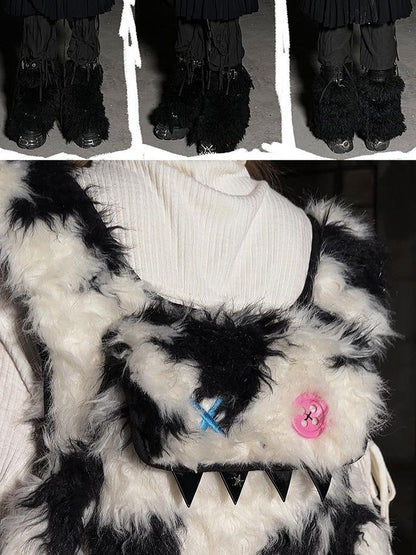 CFIERCE Glossy Faux Fur Rabbit Leather Trimmed Dual Use Bag