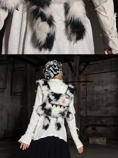 CFIERCE Glossy Faux Fur Rabbit Leather Trimmed Dual Use Bag