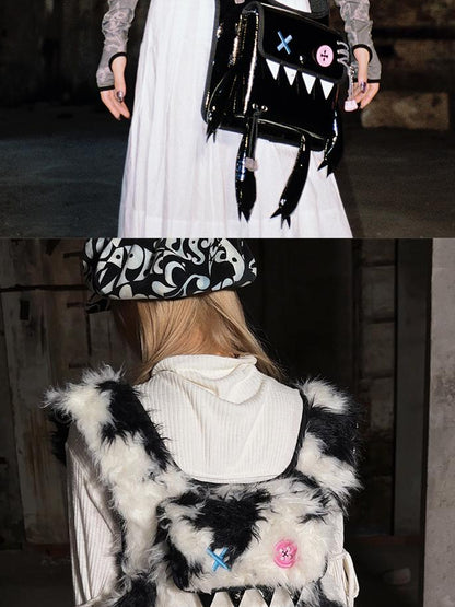 CFIERCE Glossy Faux Fur Rabbit Leather Trimmed Dual Use Bag