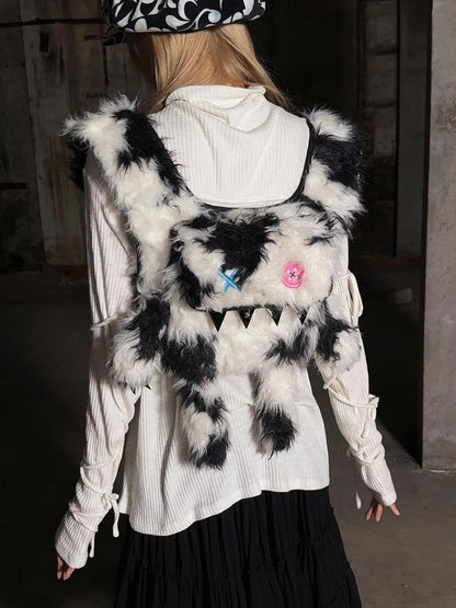 CFIERCE Glossy Faux Fur Rabbit Leather Trimmed Dual Use Bag
