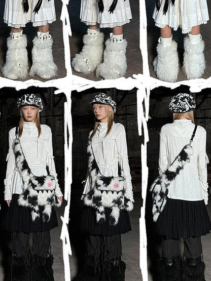 CFIERCE Glossy Faux Fur Rabbit Leather Trimmed Dual Use Bag