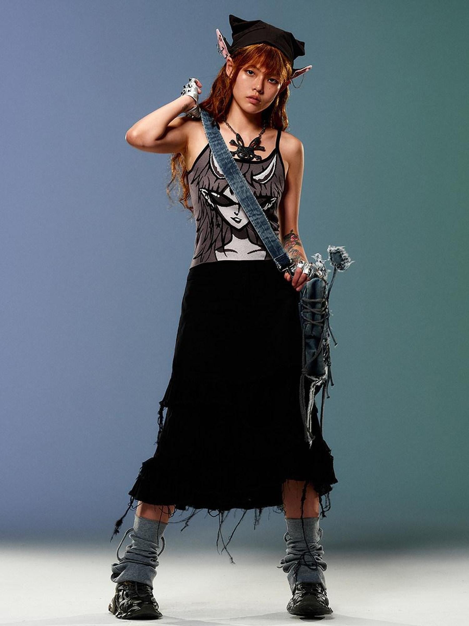 CFIERCE Gray Witch Knit Webbing H Shape Women&