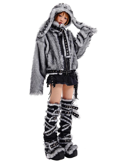 CFIERCE Grey Rabbit Knit Hat With Face Cover