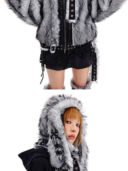 CFIERCE Grey Rabbit Knit Hat With Face Cover