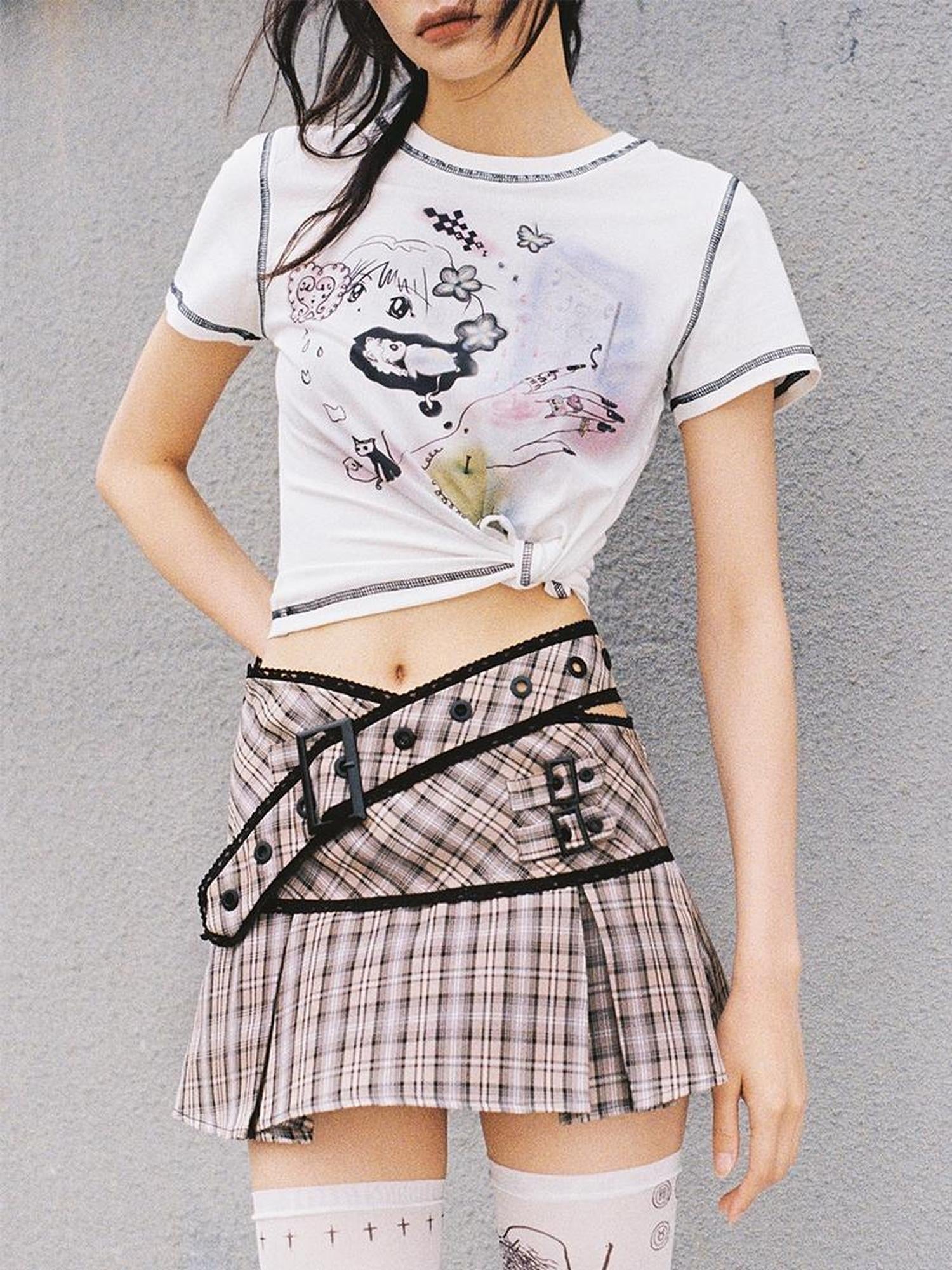 CFIERCE Lace Up Waist Checkered Skirt
