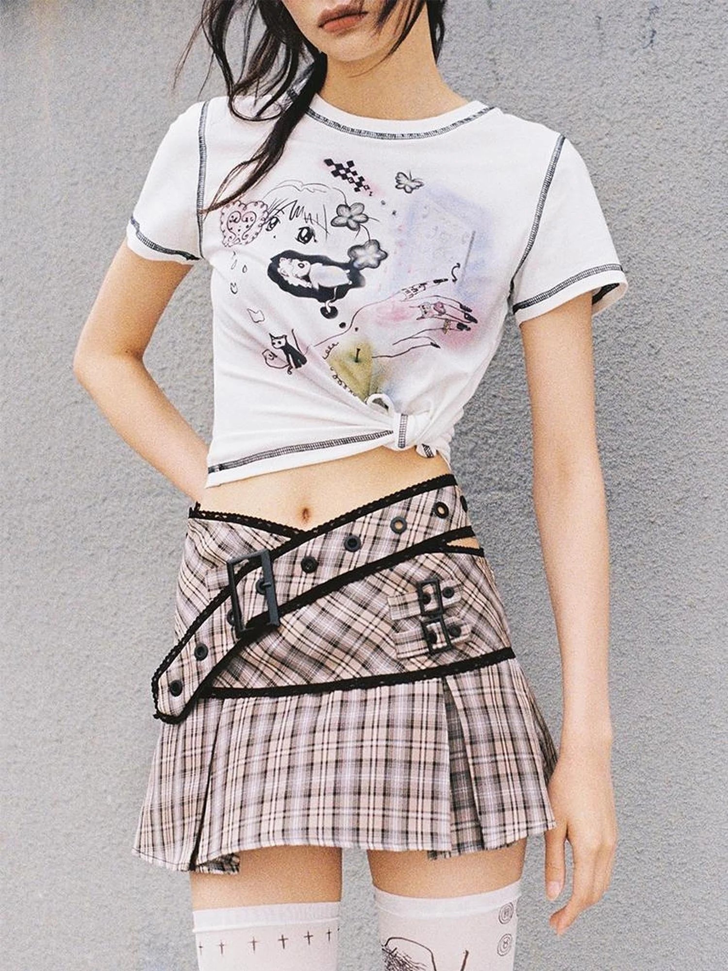 Lace Up Waist Checkered Skirt
